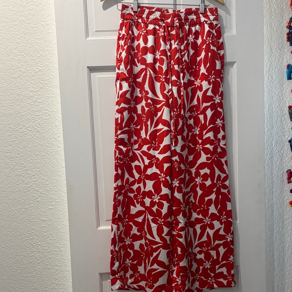 LOFT Red and White Floral Track Pants